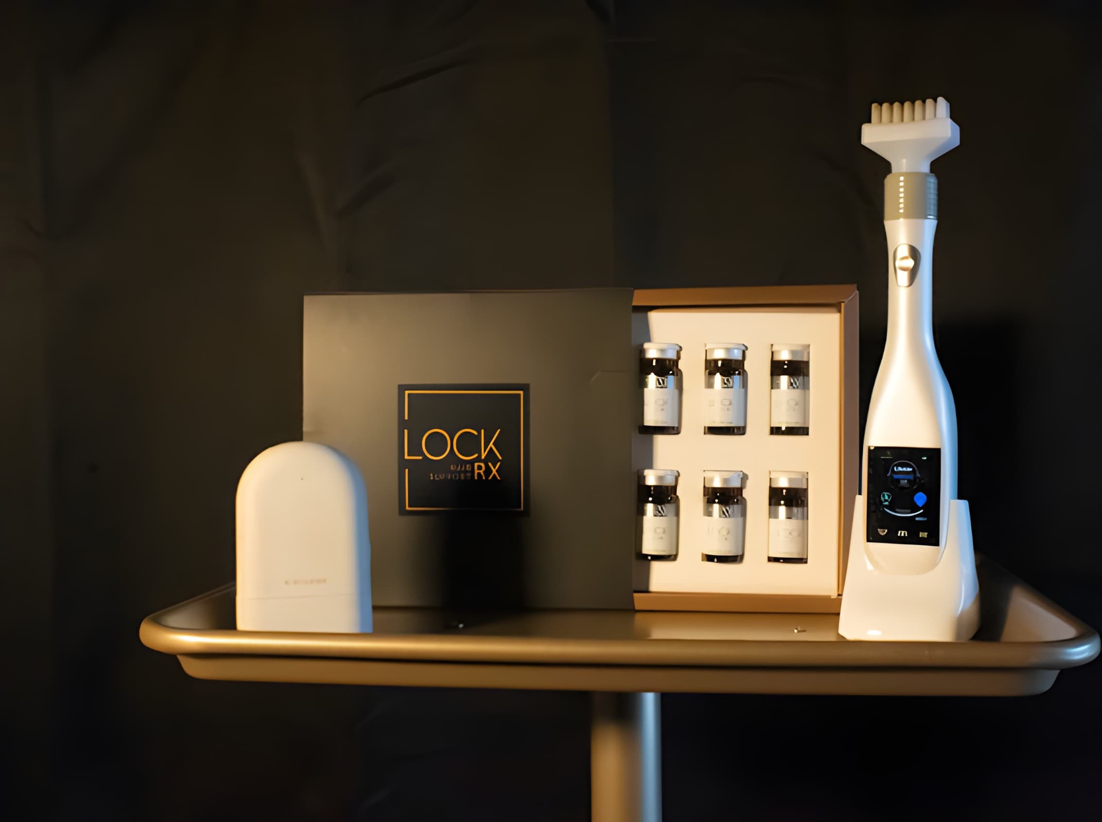 Personalized scalp treatment products arranged in the Serenity Scalp Spa treatment room